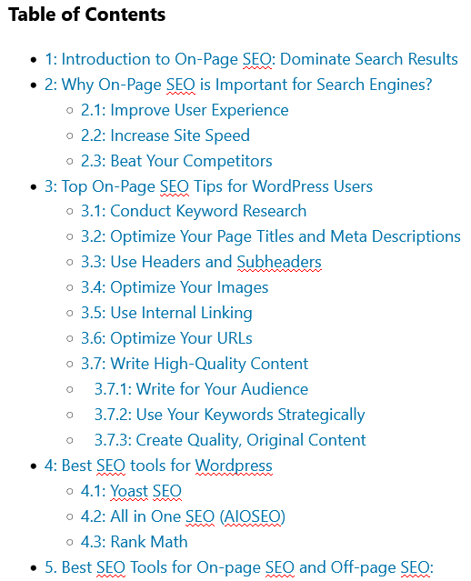 on-page seo - heading and subheading example